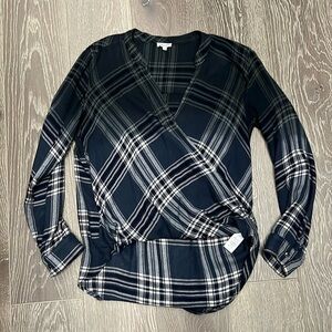 Splendid Plaid Surplice Wrap Long Sleeve Blouse - SizeXS